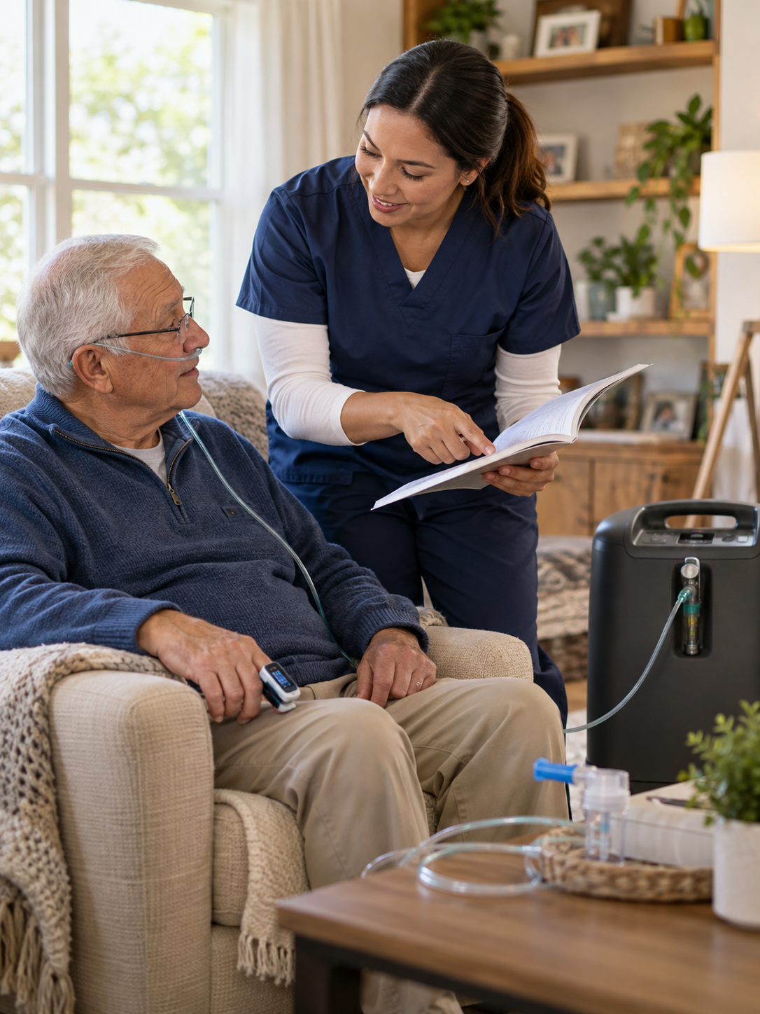 Respiratory therapist helping a patient with equipment